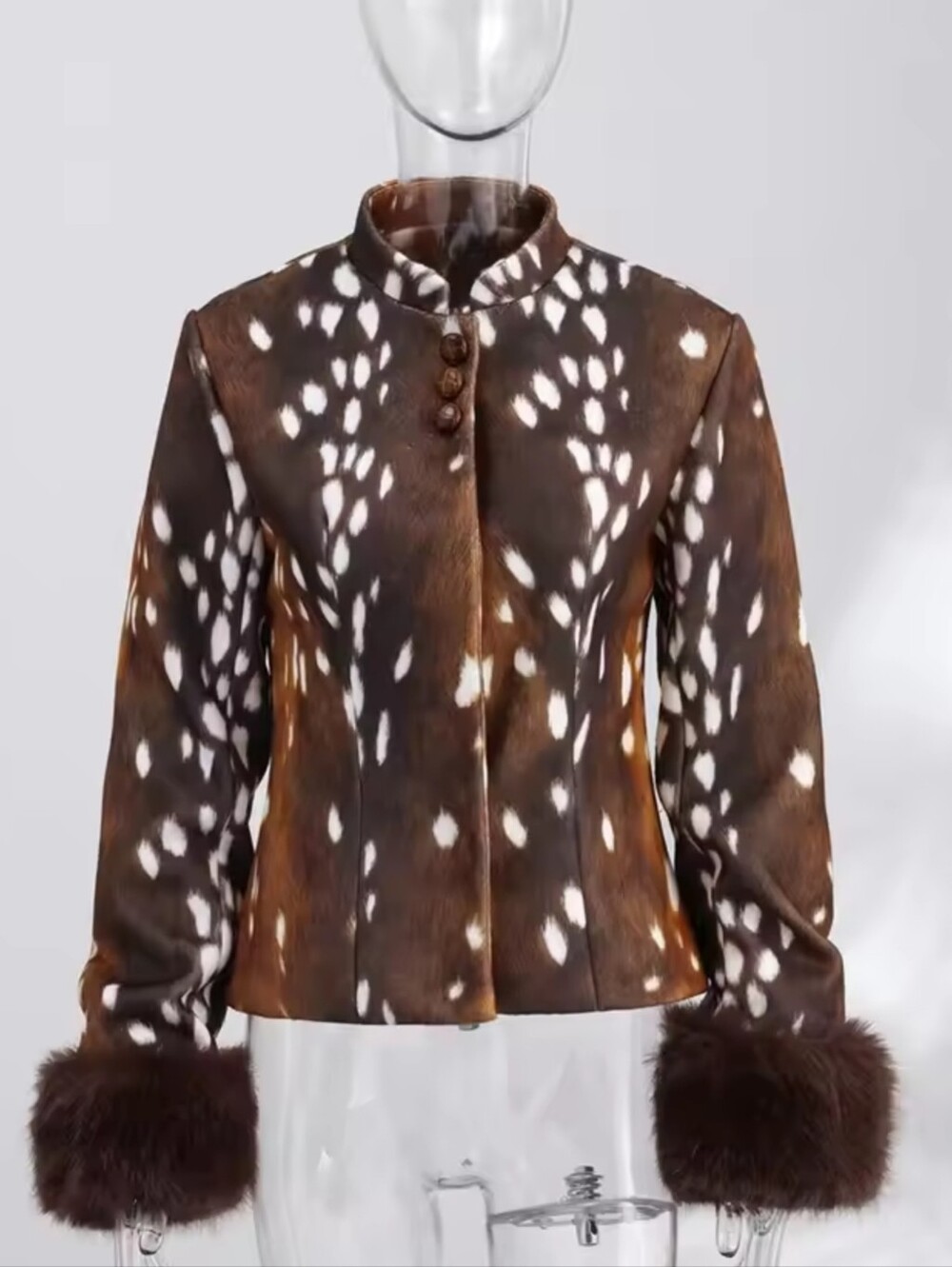 Vintage Women's Spotted Printed Jacket Stand Collar Full Sleeve Faux Fur Cuff - Picture 6 of 9
